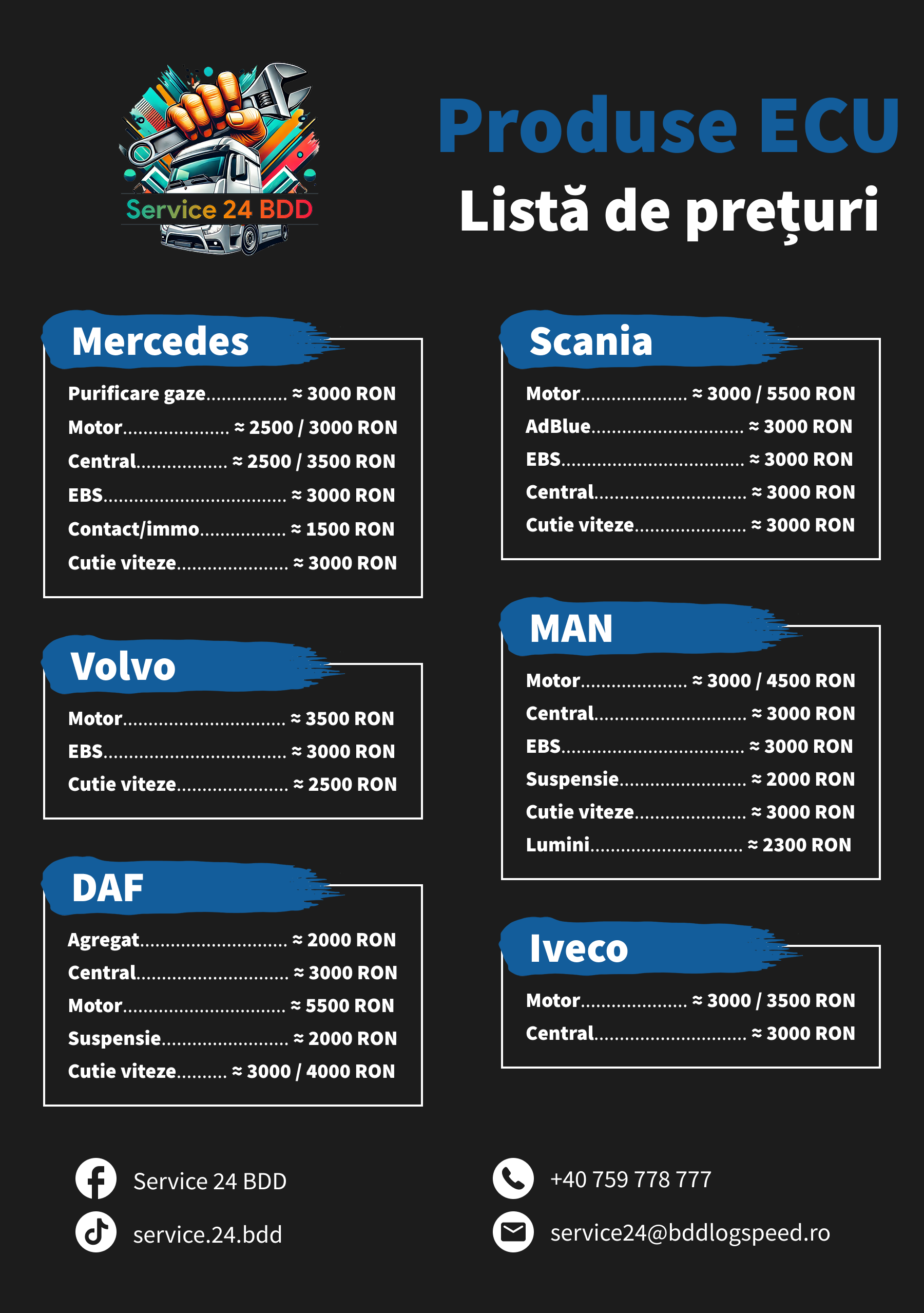 Truck Service 24 BDD - Lista Prețuri Reparații ECU Camioane Arad
